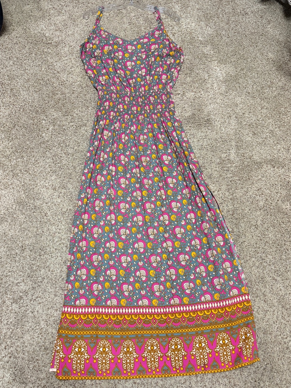 Floral Bohemian Maxi Dress with Pink Border